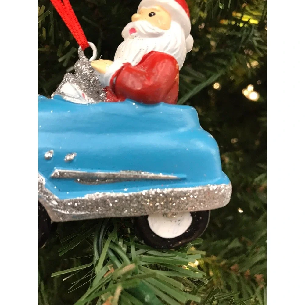 Santa Driving‎ Retro Blue & Silver Sports Car Christmas Ornament